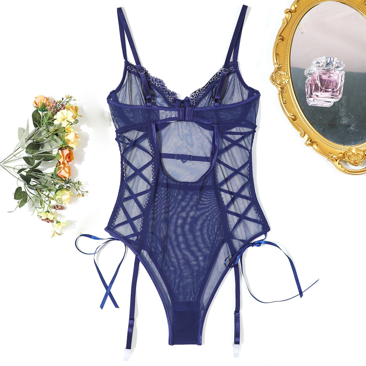 Granatowe Body „Midnight Seduction” z Sznurowaniem i Pasami do Pończoch Plus Size