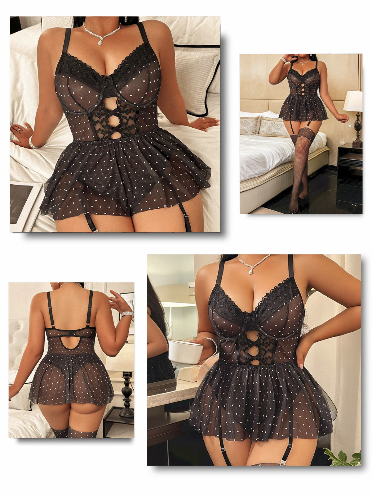 Zmysłowa Koronkowa Bielizna Plus Size z Pończochami – Czarne i Bordowe Kropki z Fiszbinami