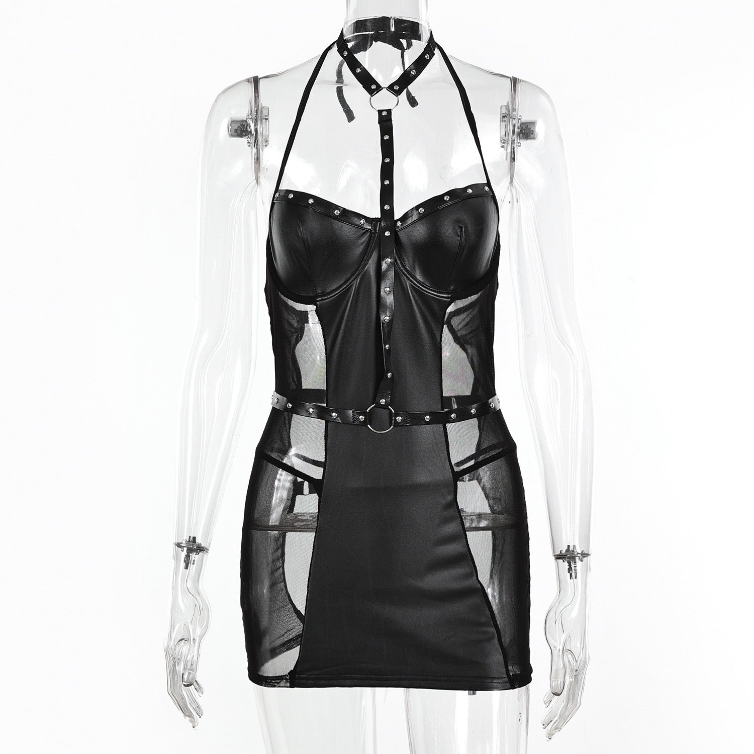 WYPRZEDAŻ KOLEKCJI! Zmysłowa Sukienka Bielizna Plus Size z Eko Skóry i Siatki z Fiszbinami