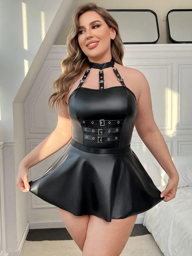 Uwodzicielska Skórzana Sukienka Plus Size z Elementami Gorsetu