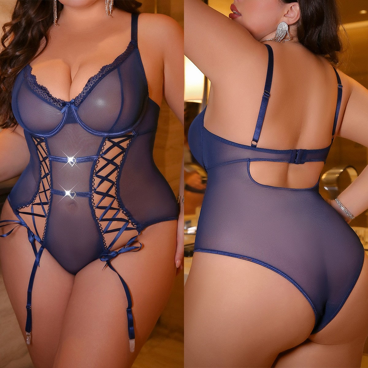 Granatowe Body „Midnight Seduction” z Sznurowaniem i Pasami do Pończoch Plus Size