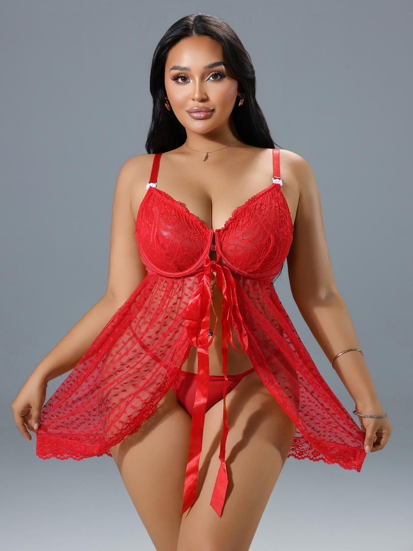 Czerwona Koronkowa Koszula Nocna Plus Size z Fiszbinami i Satynową Kokardą