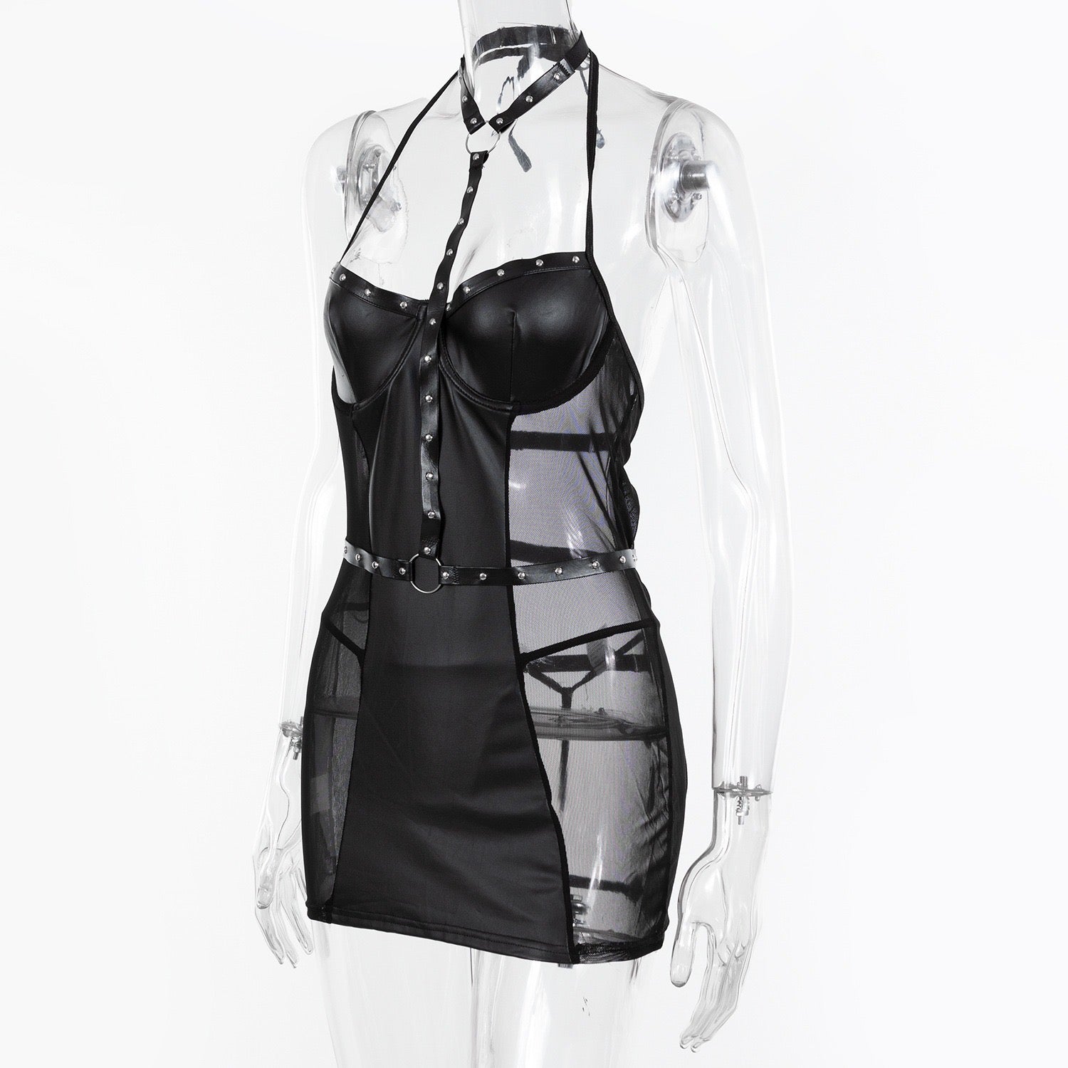 WYPRZEDAŻ KOLEKCJI! Zmysłowa Sukienka Bielizna Plus Size z Eko Skóry i Siatki z Fiszbinami