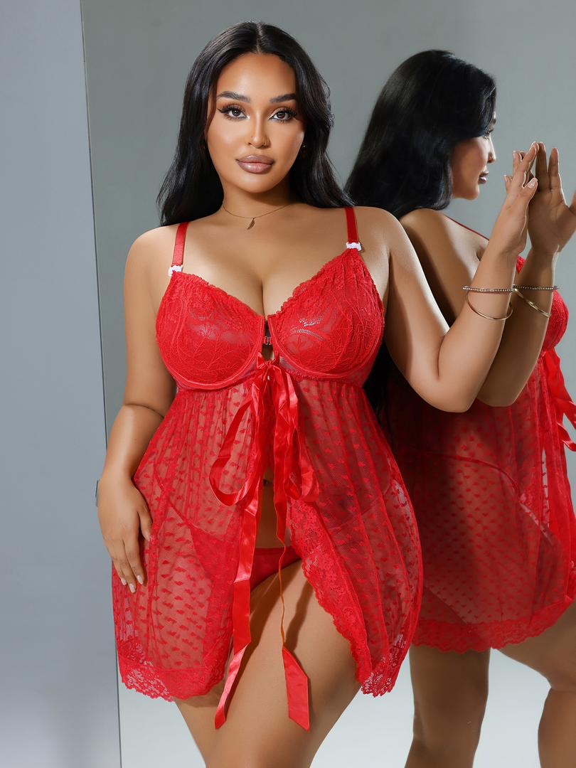 Czerwona Koronkowa Koszula Nocna Plus Size z Fiszbinami i Satynową Kokardą