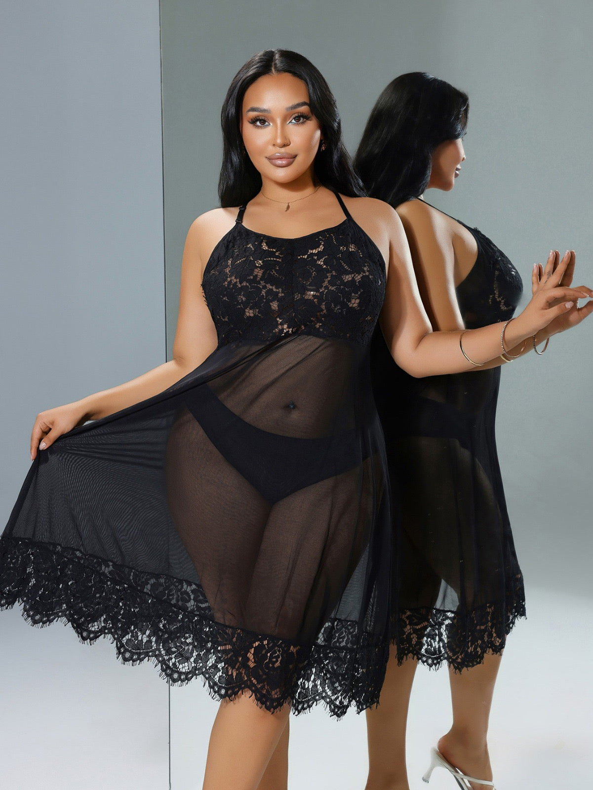 Bordowa i Czarna Koronkowa Koszula Nocna Plus Size – Zmysłowa Elegancja i Komfort