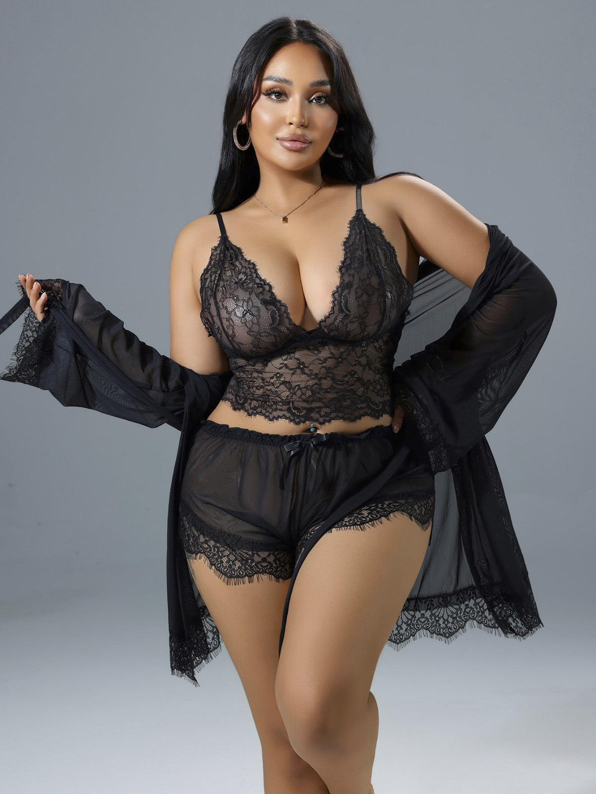 Luksusowy Komplet Bieliźniany Nocny z Koronką i Szlafrokiem Plus Size w Kolorze Czarnym i Białym z Fiszbinami