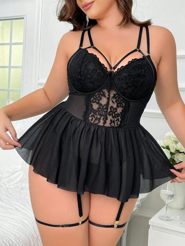 Koronkowa Sukienka Bieliźniana Plus Size w Kolorze Czerwonym i Czarnym