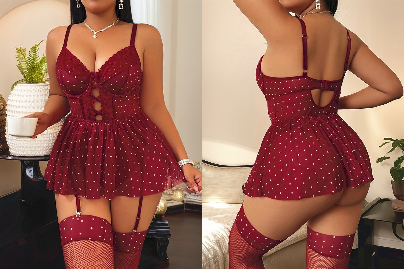 Zmysłowa Koronkowa Bielizna Plus Size z Pończochami – Czarne i Bordowe Kropki z Fiszbinami