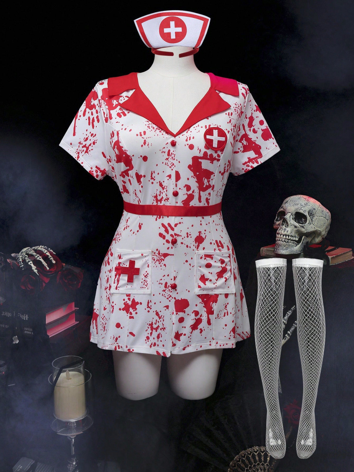 Kostium Erotyczny Plus Size “Bloody Nurse” – Piekielnie Kusząca Pielęgniarka z Kabaretkami