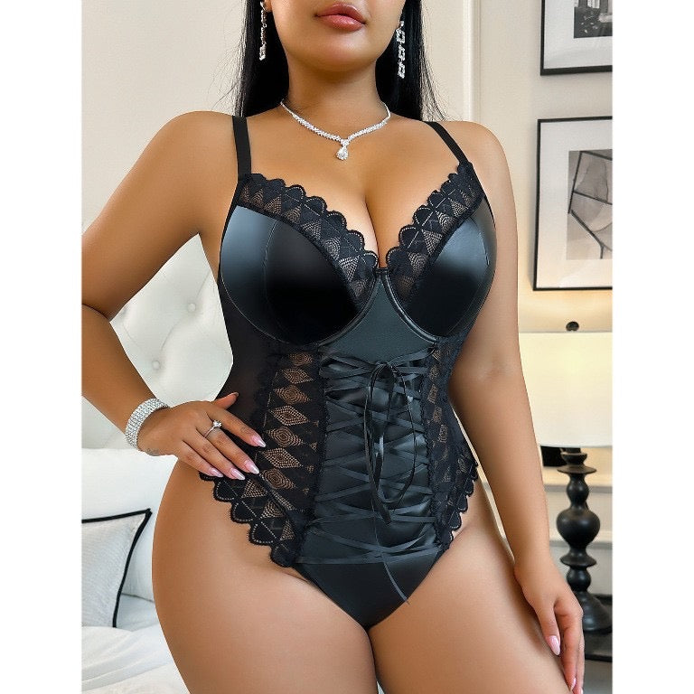 Zmysłowe Body Plus Size „Black Desire” – Koronka i Satyna z Wiązaniem