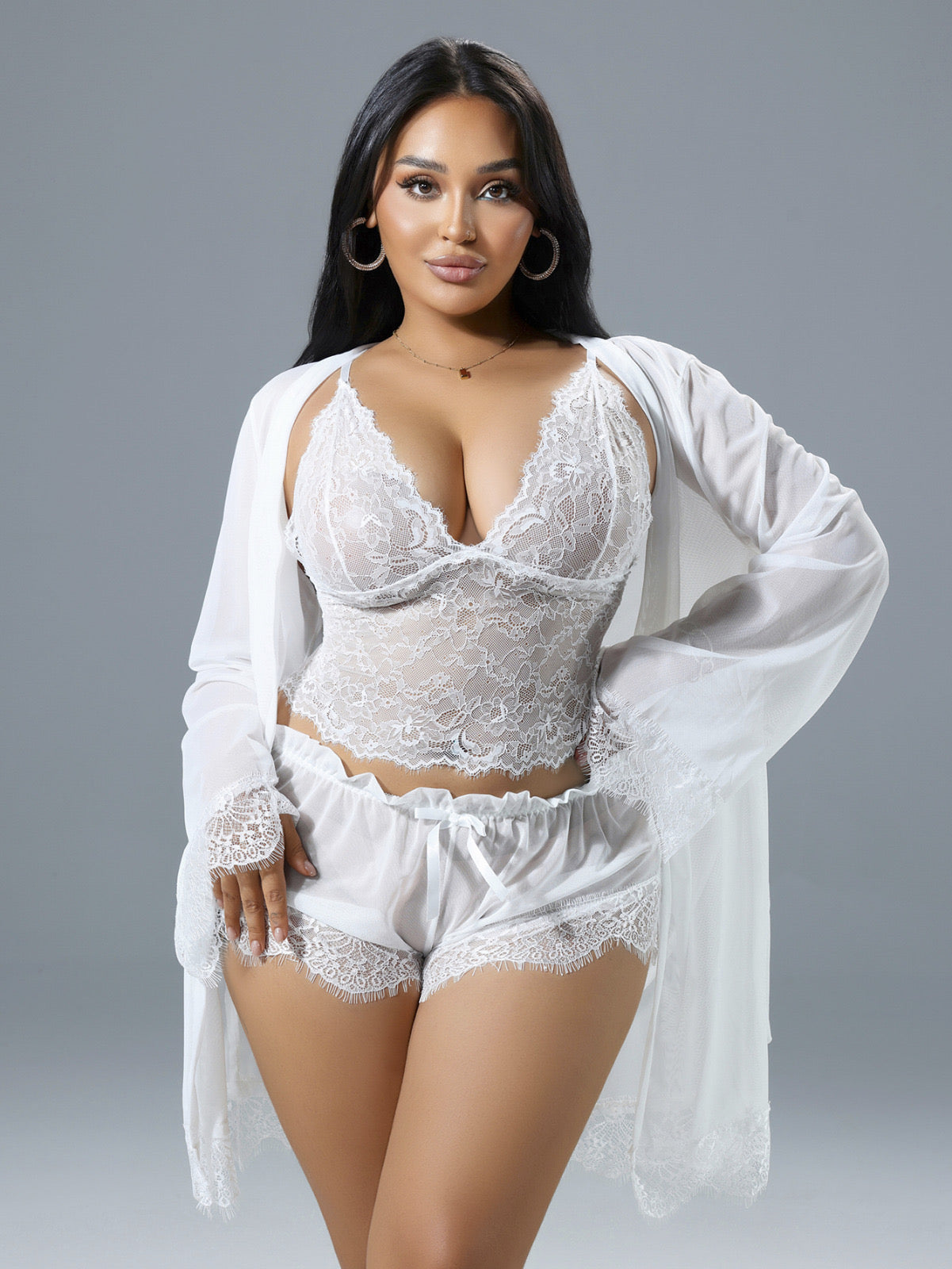 Luksusowy Komplet Bieliźniany Nocny z Koronką i Szlafrokiem Plus Size w Kolorze Czarnym i Białym z Fiszbinami