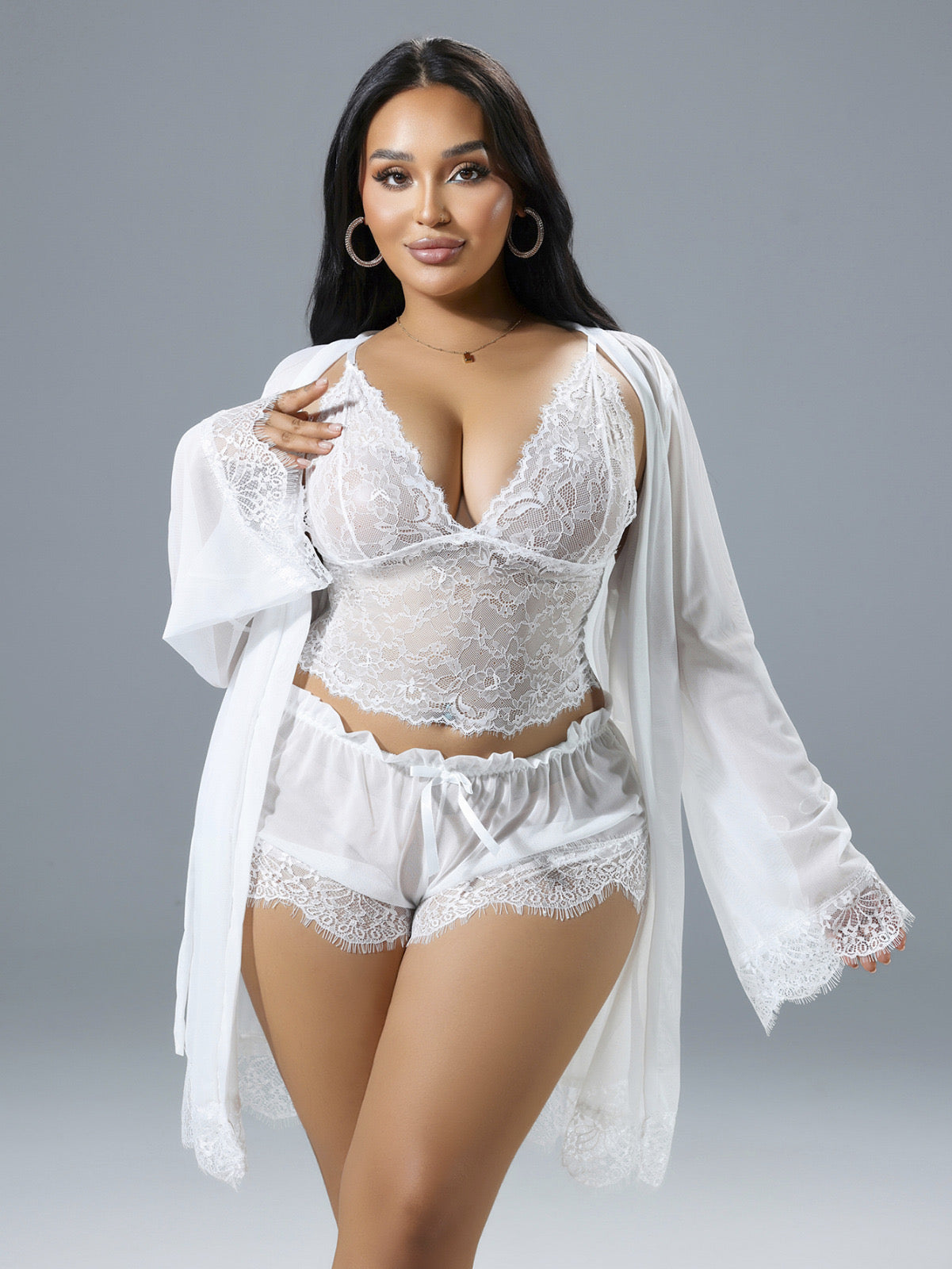 Luksusowy Komplet Bieliźniany Nocny z Koronką i Szlafrokiem Plus Size w Kolorze Czarnym i Białym z Fiszbinami